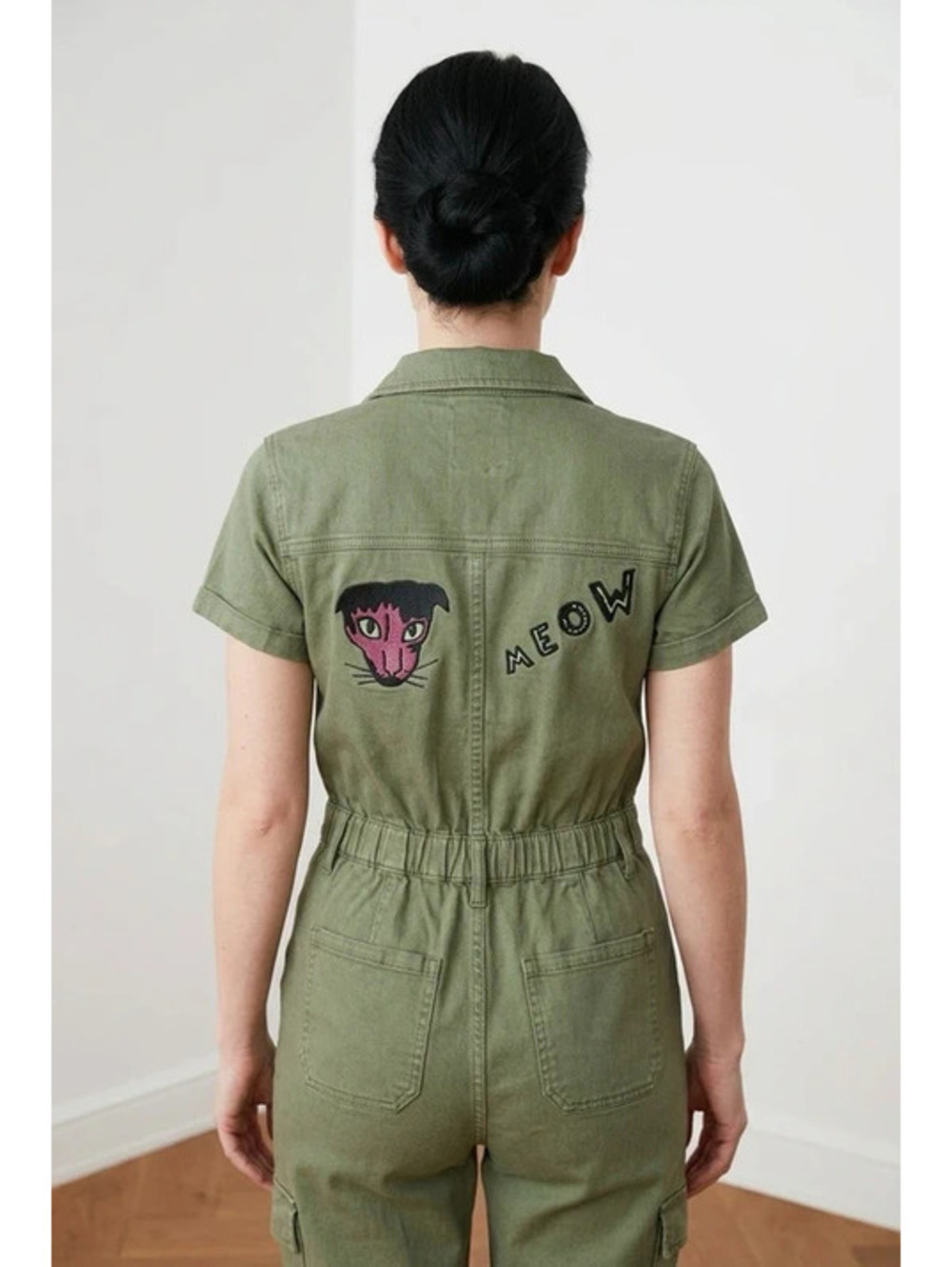 Marchioness of Bohemia OOAK Cat Art Cargo Boilersuit Womens S Olive Jumpsuit NWT - Picture 4 of 14